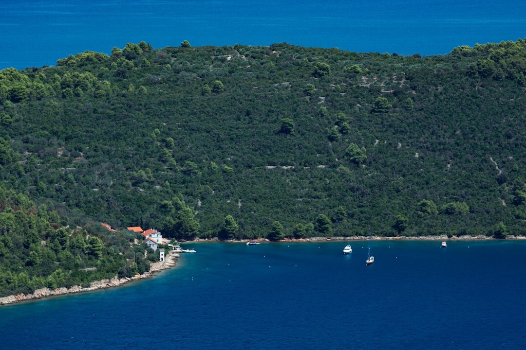 Aerial view of the Adriatic coastline in Croatia at golden hour